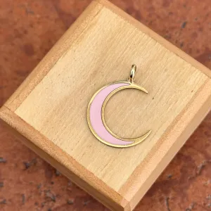 14KT Yellow Gold Pink Enamel Inlayed Crescent Large Moon Pendant Charm