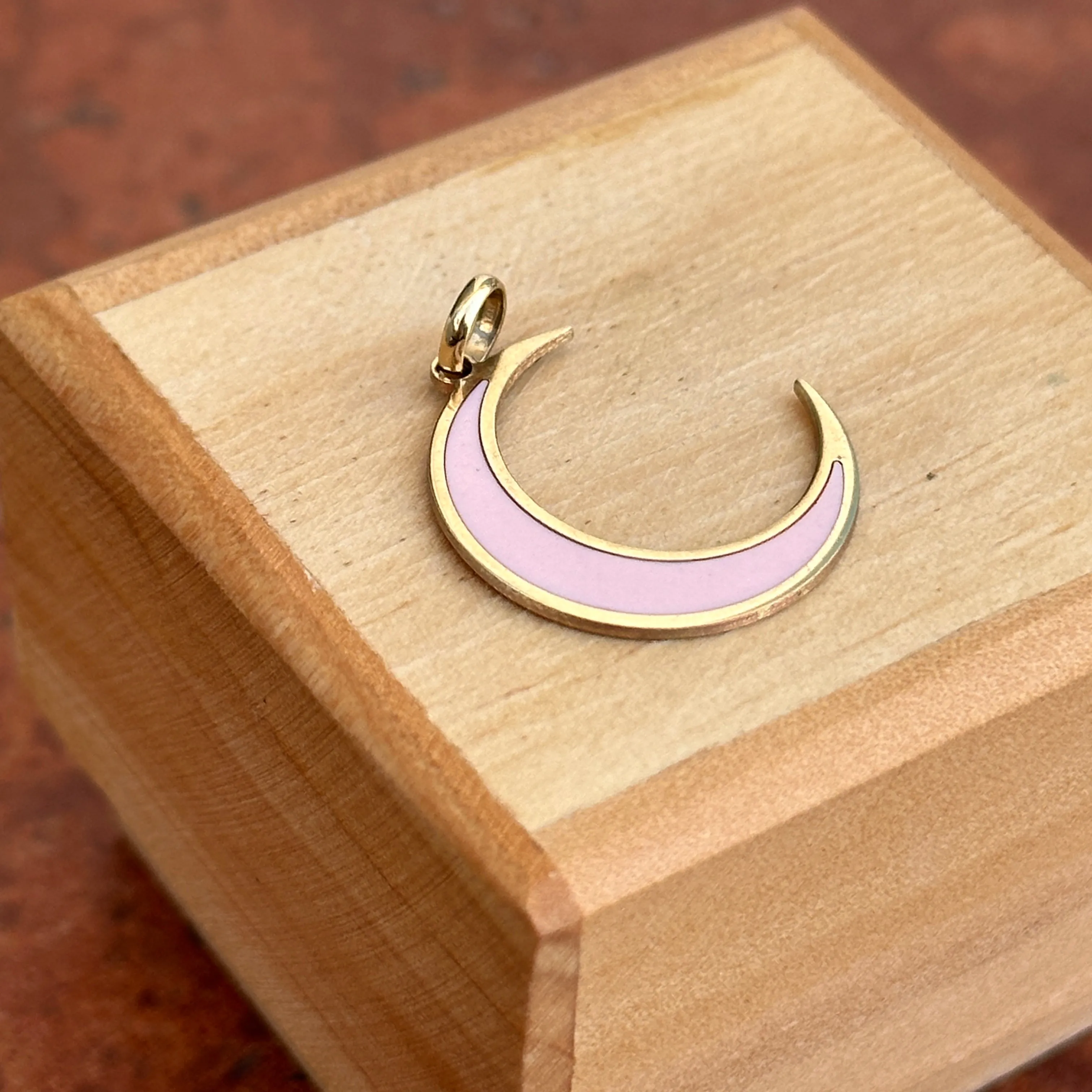 14KT Yellow Gold Pink Enamel Inlayed Crescent Large Moon Pendant Charm