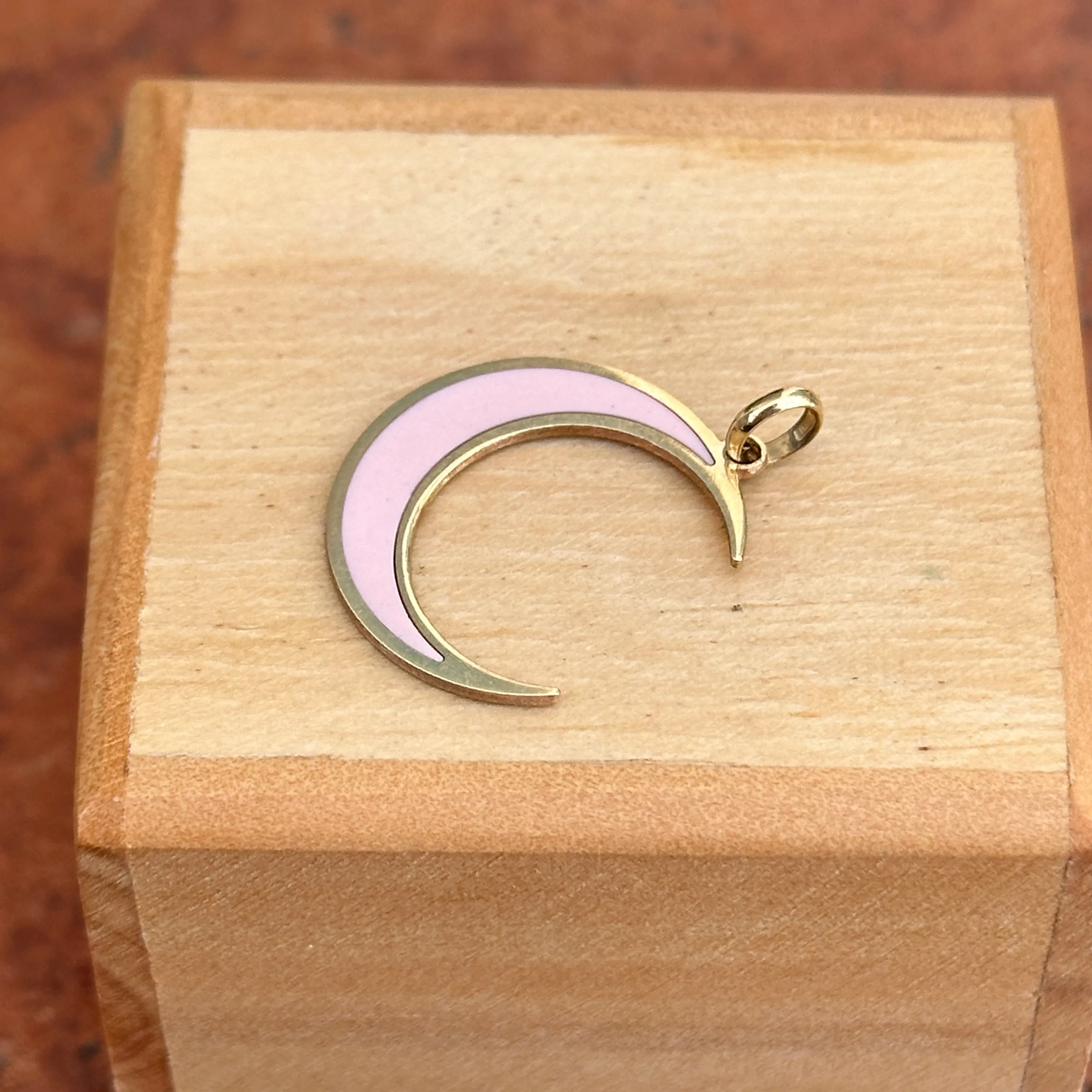 14KT Yellow Gold Pink Enamel Inlayed Crescent Large Moon Pendant Charm