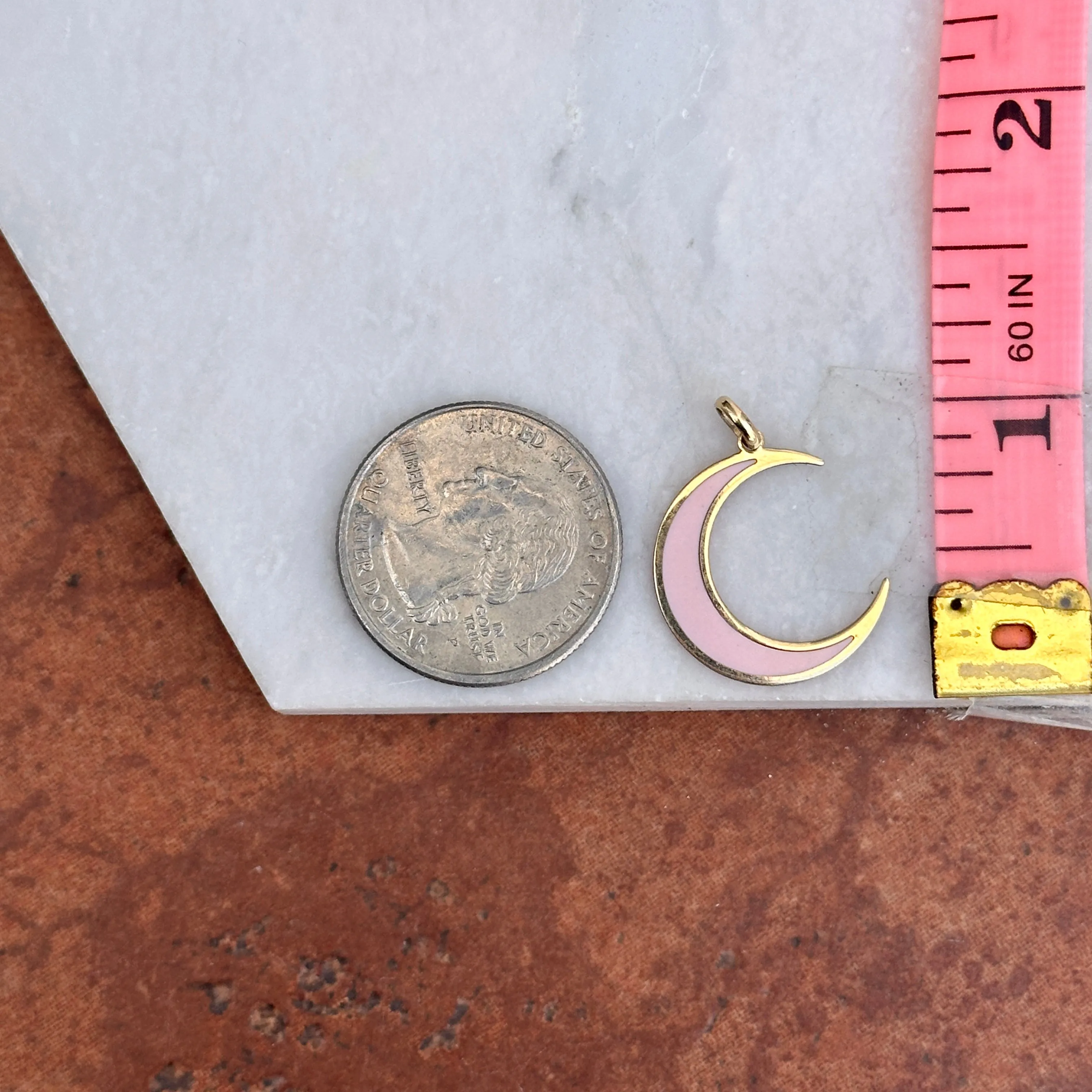 14KT Yellow Gold Pink Enamel Inlayed Crescent Large Moon Pendant Charm