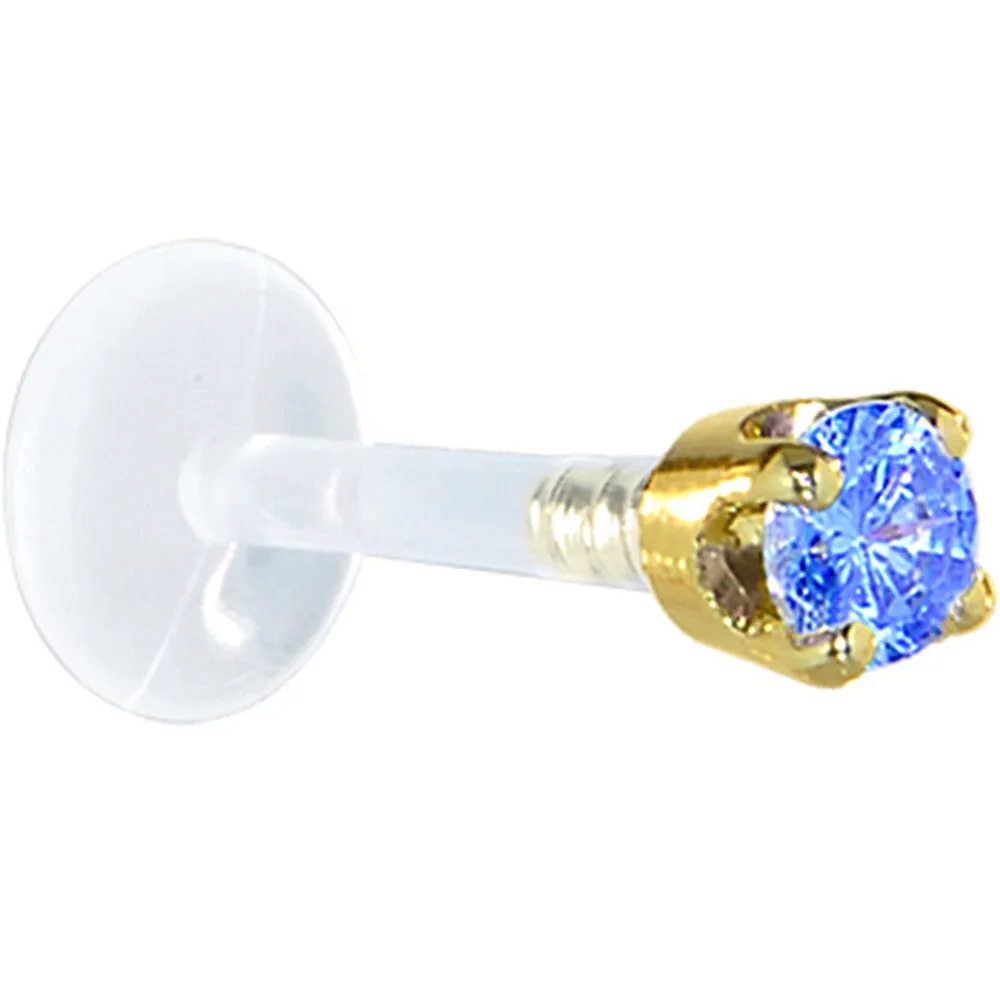 16 Gauge 1/4 Solid 14KT Yellow Gold 3mm Arctic Blue Cubic Zirconia Bioplast Tragus Earring Stud