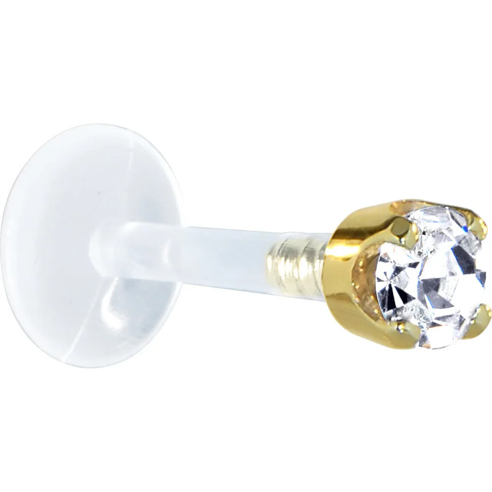 16 Gauge 5/16 Solid 14KT Yellow Gold 3mm Clear Cubic Zirconia Bioplast Tragus Earring Stud