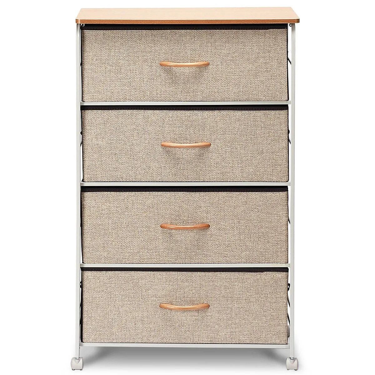 4-Tier Wood Top Dresser with 4 Linen Beige Fabric Drawers on wheels