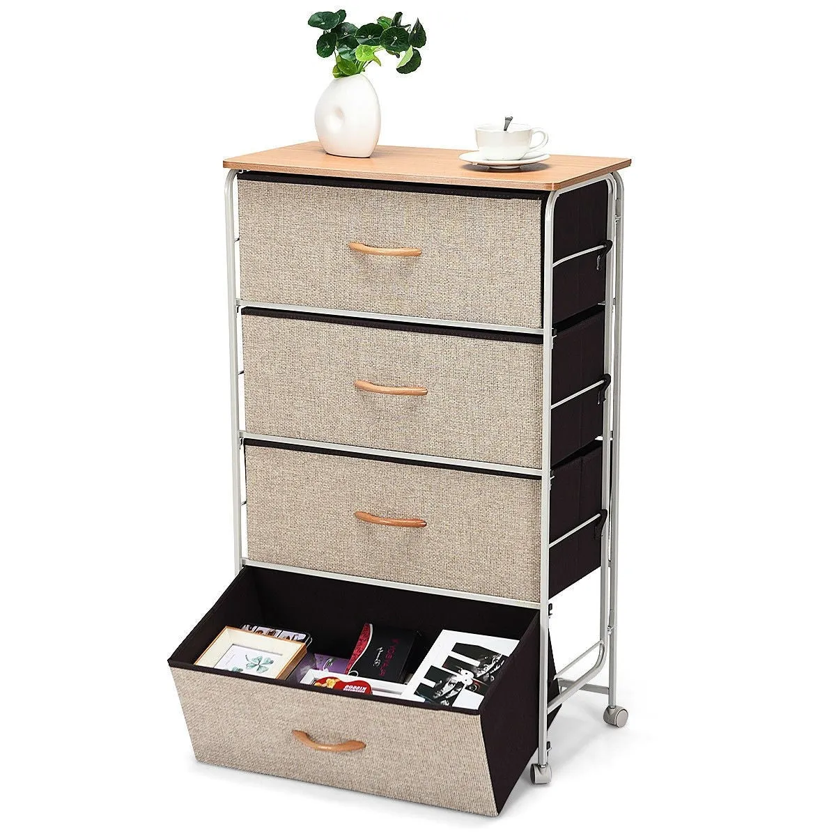 4-Tier Wood Top Dresser with 4 Linen Beige Fabric Drawers on wheels
