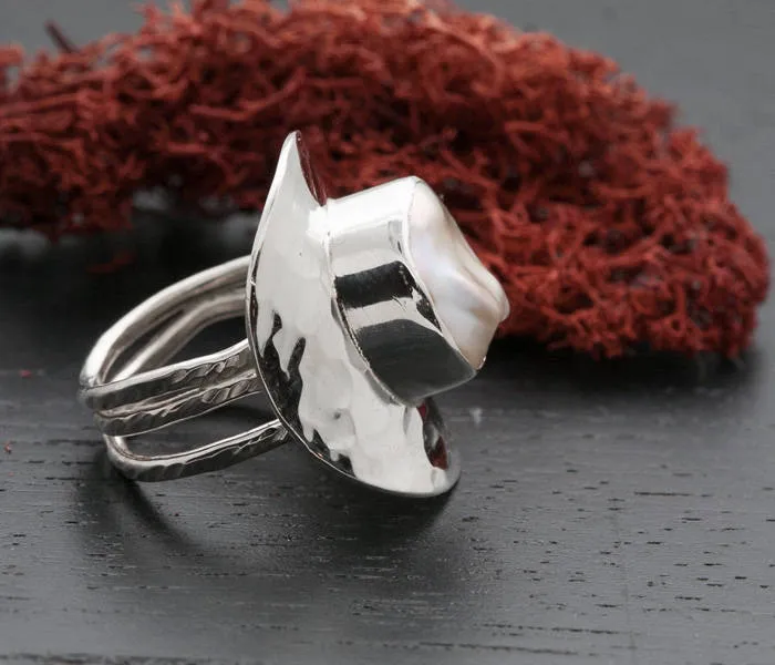 Baroque Pearl Cocktail Statement Ring in Silver - ARIEL ring