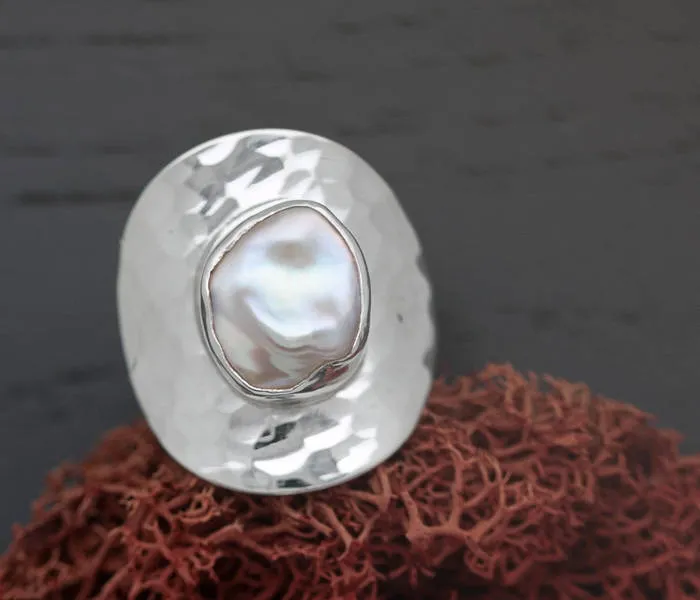 Baroque Pearl Cocktail Statement Ring in Silver - ARIEL ring