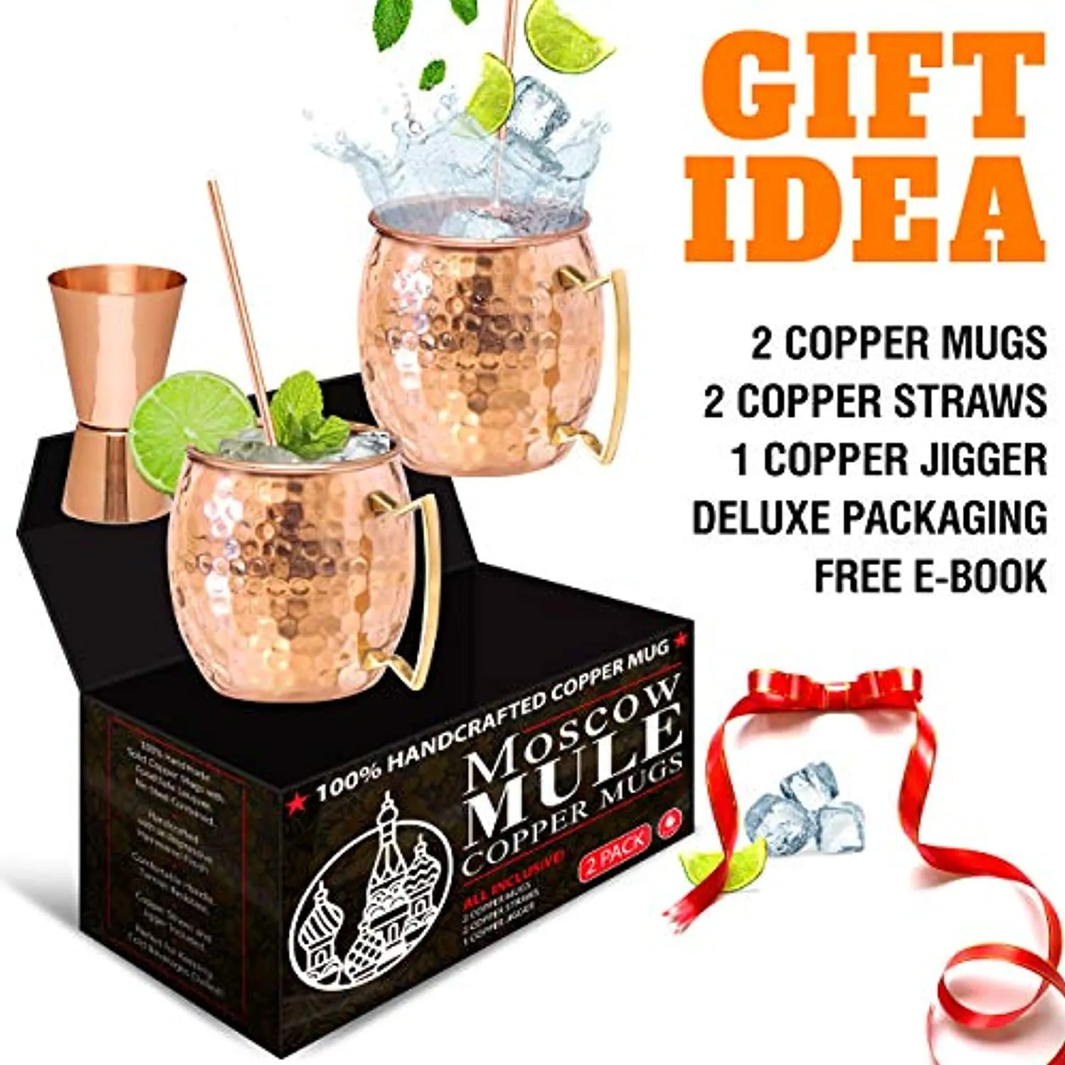 Benicci  Moscow Mule Copper Mugs - Set of 2 - 100% HANDCRAFTED - Food Safe Pure Solid Copper Mugs - 16 oz Gift Set with BONUS - Premium Quality Cocktail Copper Straws, Straw Cleaning Brush and Jigger!