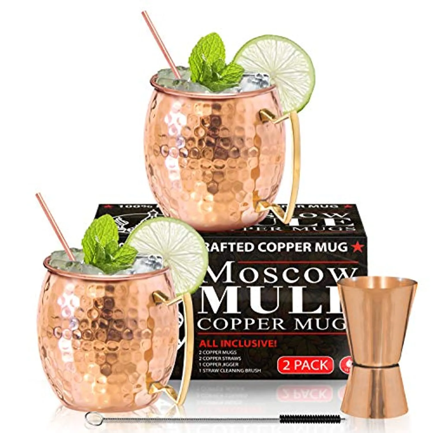 Benicci  Moscow Mule Copper Mugs - Set of 2 - 100% HANDCRAFTED - Food Safe Pure Solid Copper Mugs - 16 oz Gift Set with BONUS - Premium Quality Cocktail Copper Straws, Straw Cleaning Brush and Jigger!