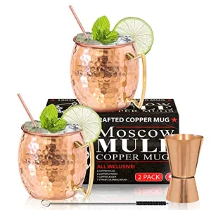 Benicci  Moscow Mule Copper Mugs - Set of 2 - 100% HANDCRAFTED - Food Safe Pure Solid Copper Mugs - 16 oz Gift Set with BONUS - Premium Quality Cocktail Copper Straws, Straw Cleaning Brush and Jigger!