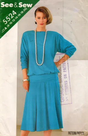 Butterick See & Sew 5524 Womens Dolman Sleeved Top & Skirt with Cummerbund 1980s Vintage Sewing Pattern Size 8 - 20 UNCUT Factory Folded