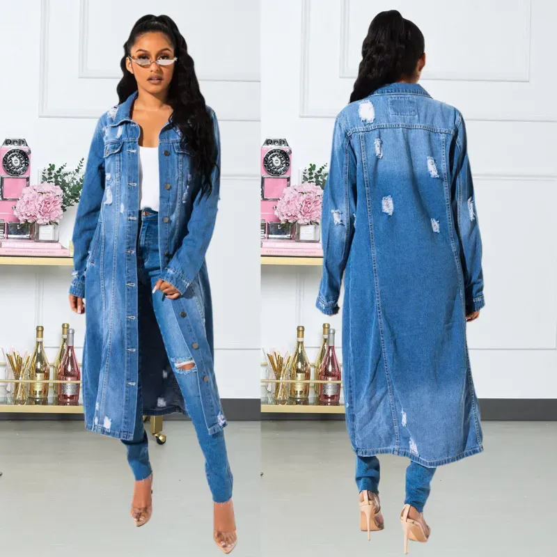DuskTrail Distressed Longline Button-Up Denim Jacket