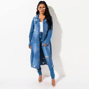 DuskTrail Distressed Longline Button-Up Denim Jacket