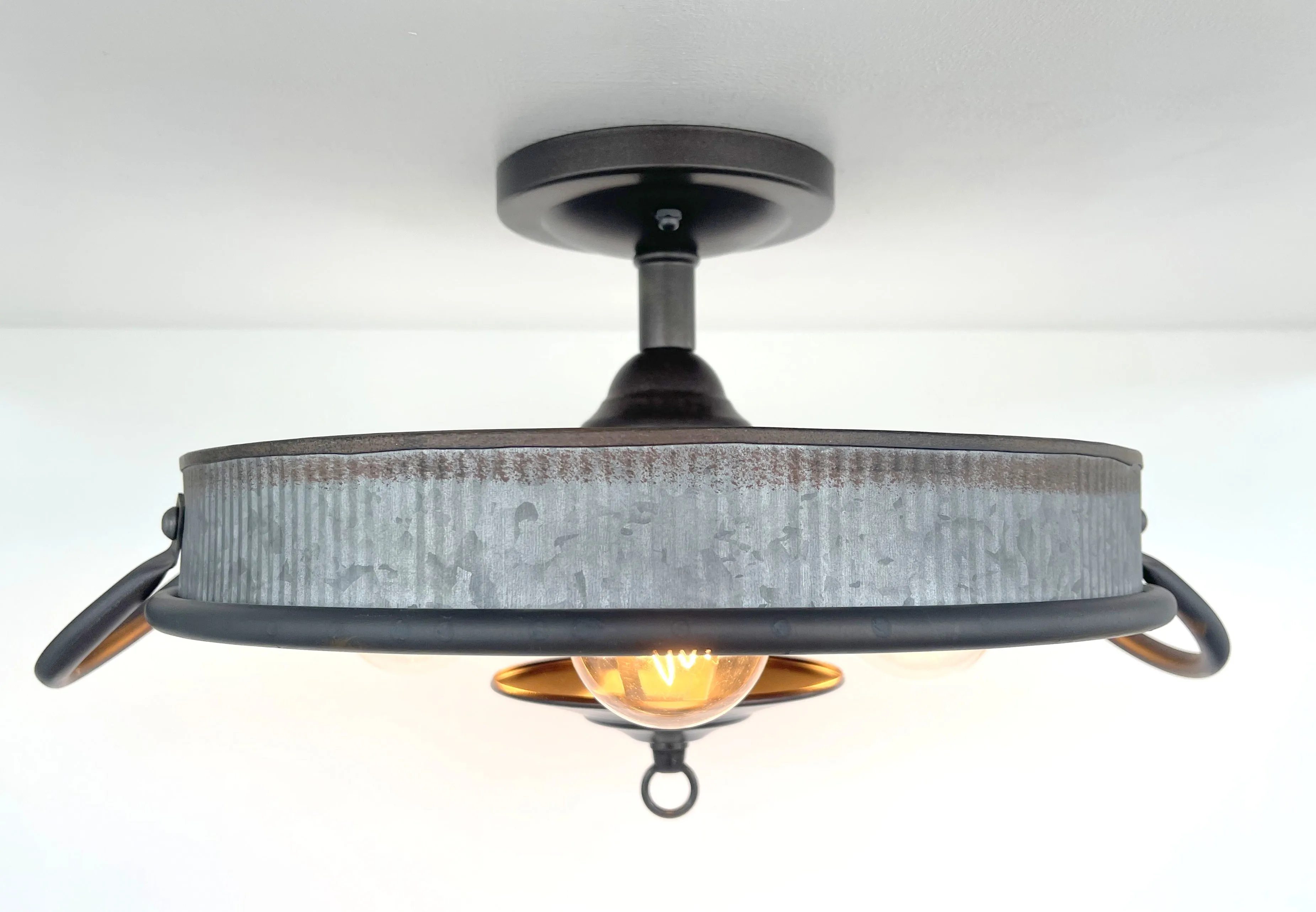 Farmhouse Ceiling Light -Rustic Reeded Galvanized Flat Tub
