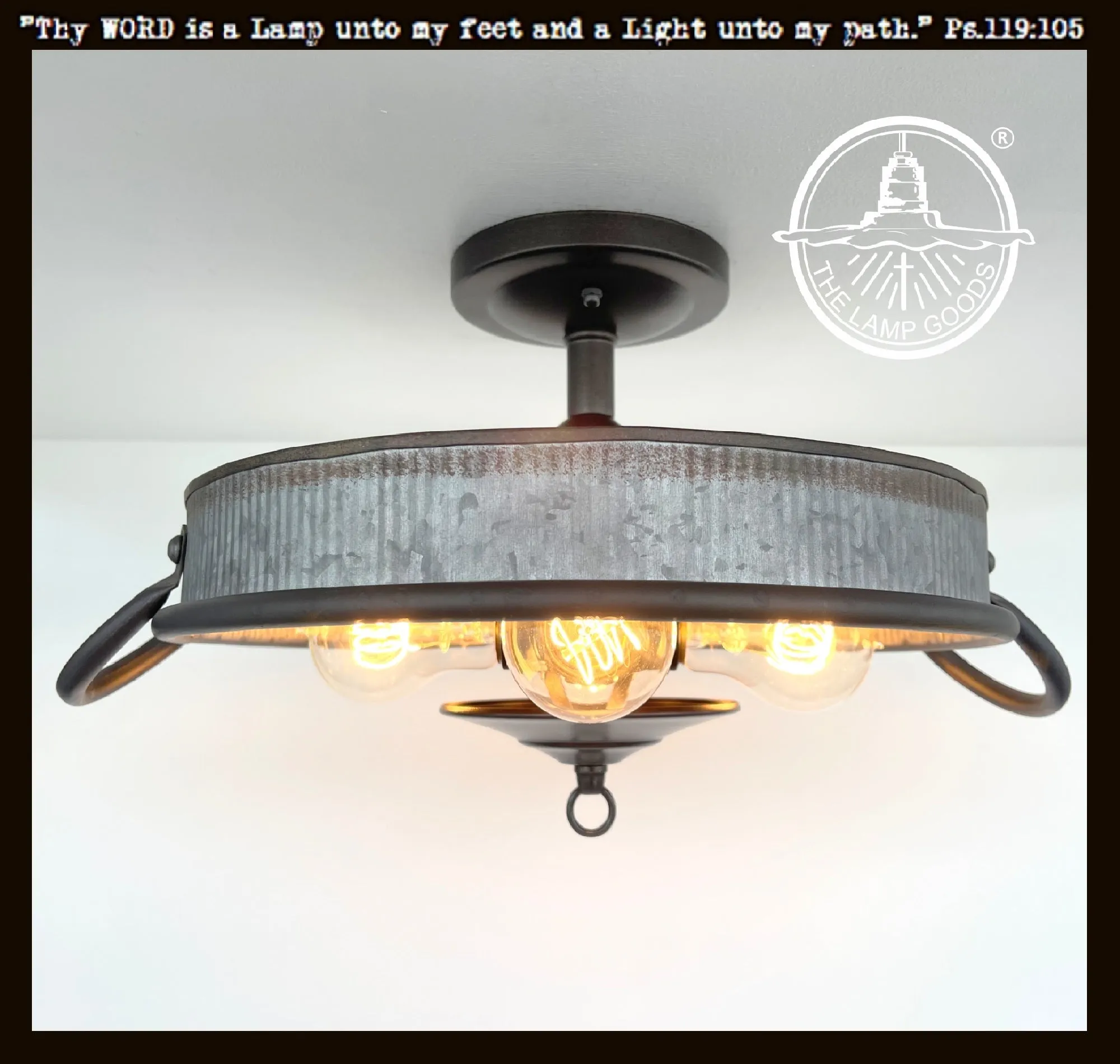 Farmhouse Ceiling Light -Rustic Reeded Galvanized Flat Tub