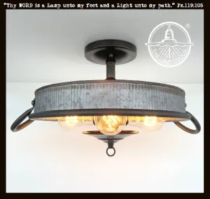 Farmhouse Ceiling Light -Rustic Reeded Galvanized Flat Tub