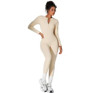 Gigi Long Sleeve Ribbed Henley Bodycon Jumpsuit
