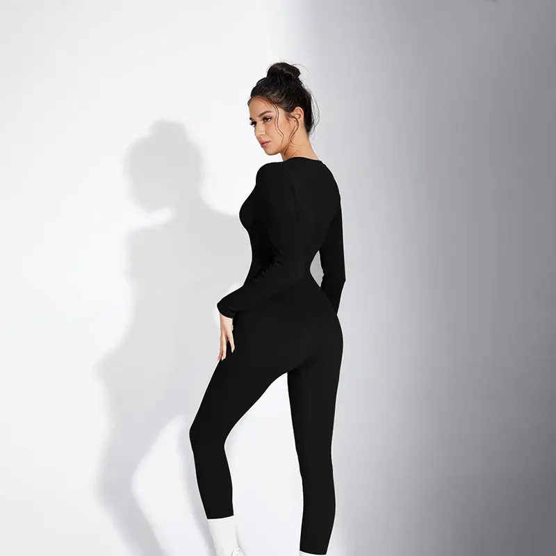 Gigi Long Sleeve Ribbed Henley Bodycon Jumpsuit