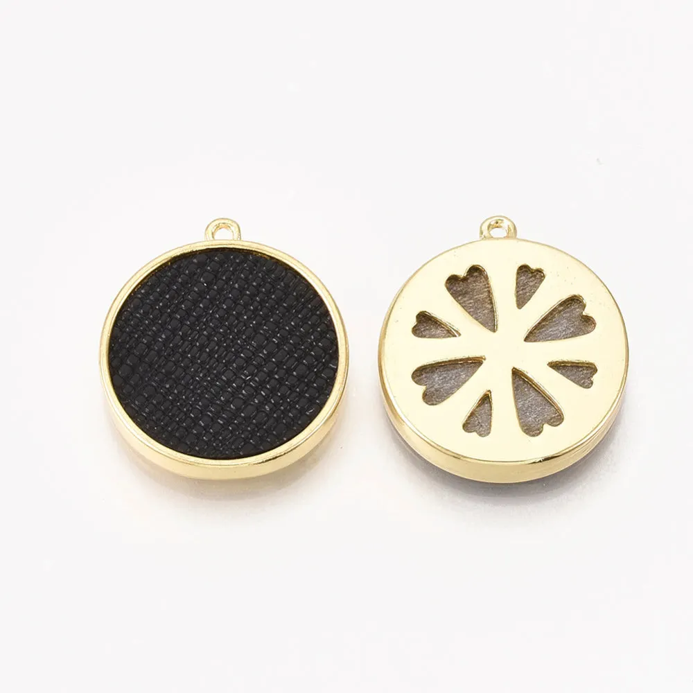 Gold plated round black imitation leather charms x 6 pieces