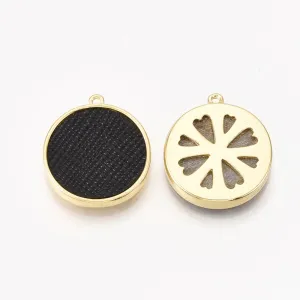 Gold plated round black imitation leather charms x 6 pieces