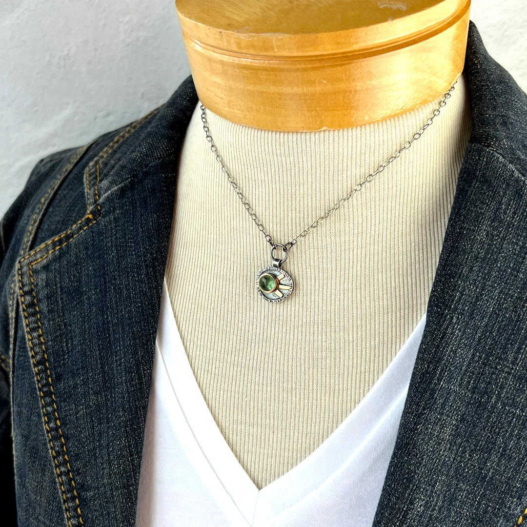 Green Tourmaline and Mixed Silver and Gold Pendant Necklace - BRENDA