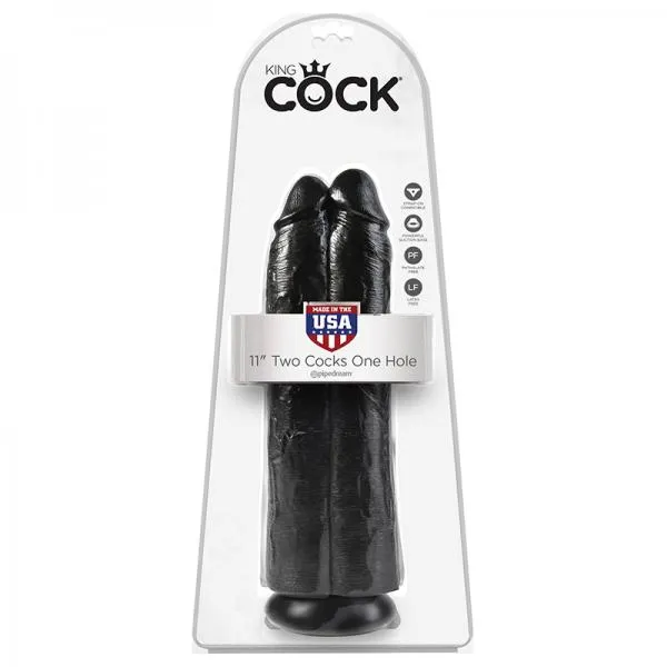 King Cock 11in Two Cocks One Hole Black