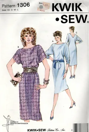 Kwik Sew 1306 Womens Stretch V Back Pullover Dress with Tie Belt 1980s Vintage Sewing Pattern Size XS - L UNCUT Factory Folded