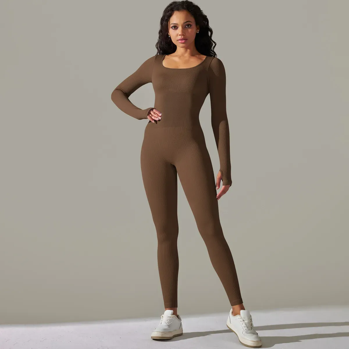 Lina Long Sleeve Ribbed Seamless Compression Jumpsuit