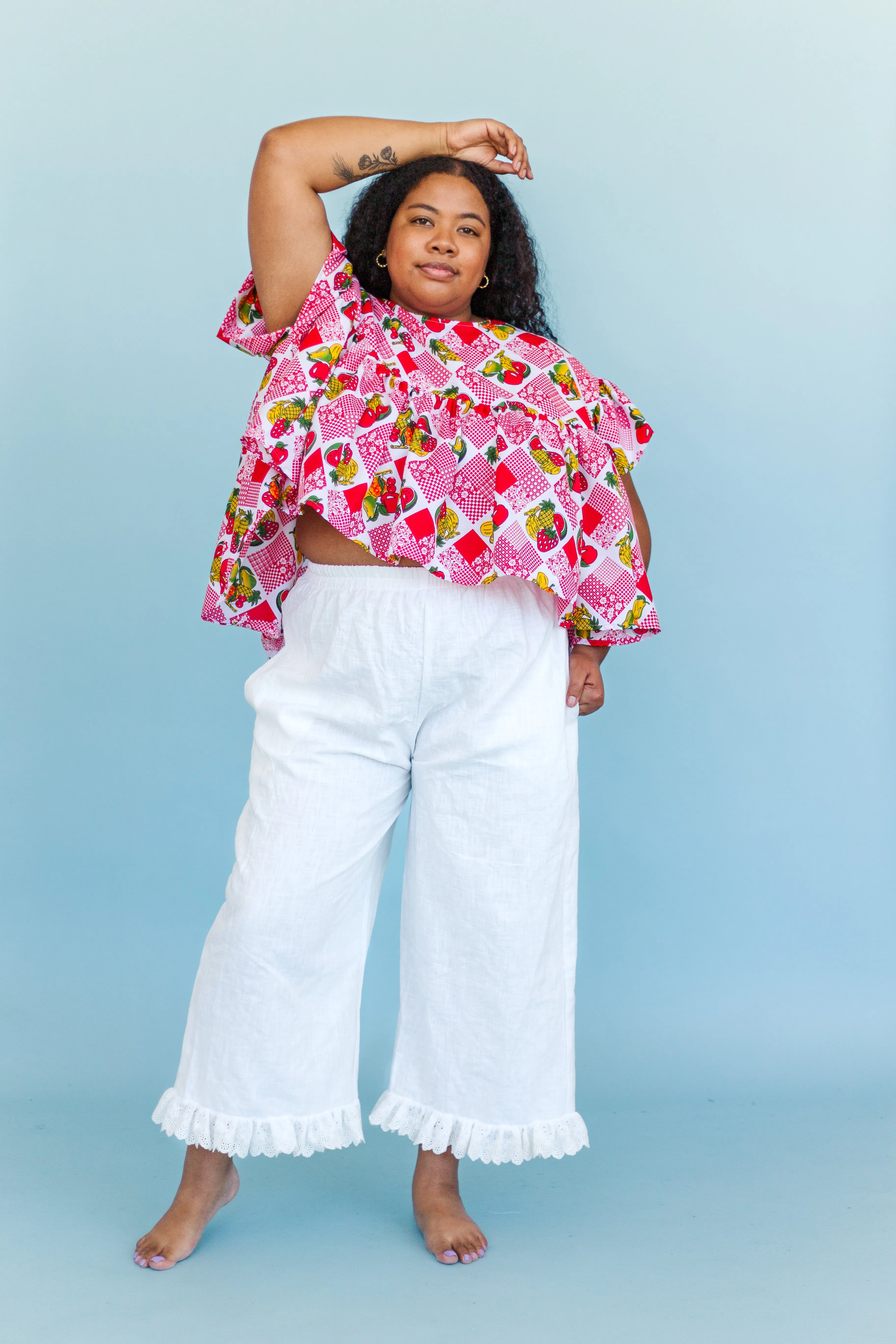 Mid Easy Ruffle Pant in White Linen (RTS)