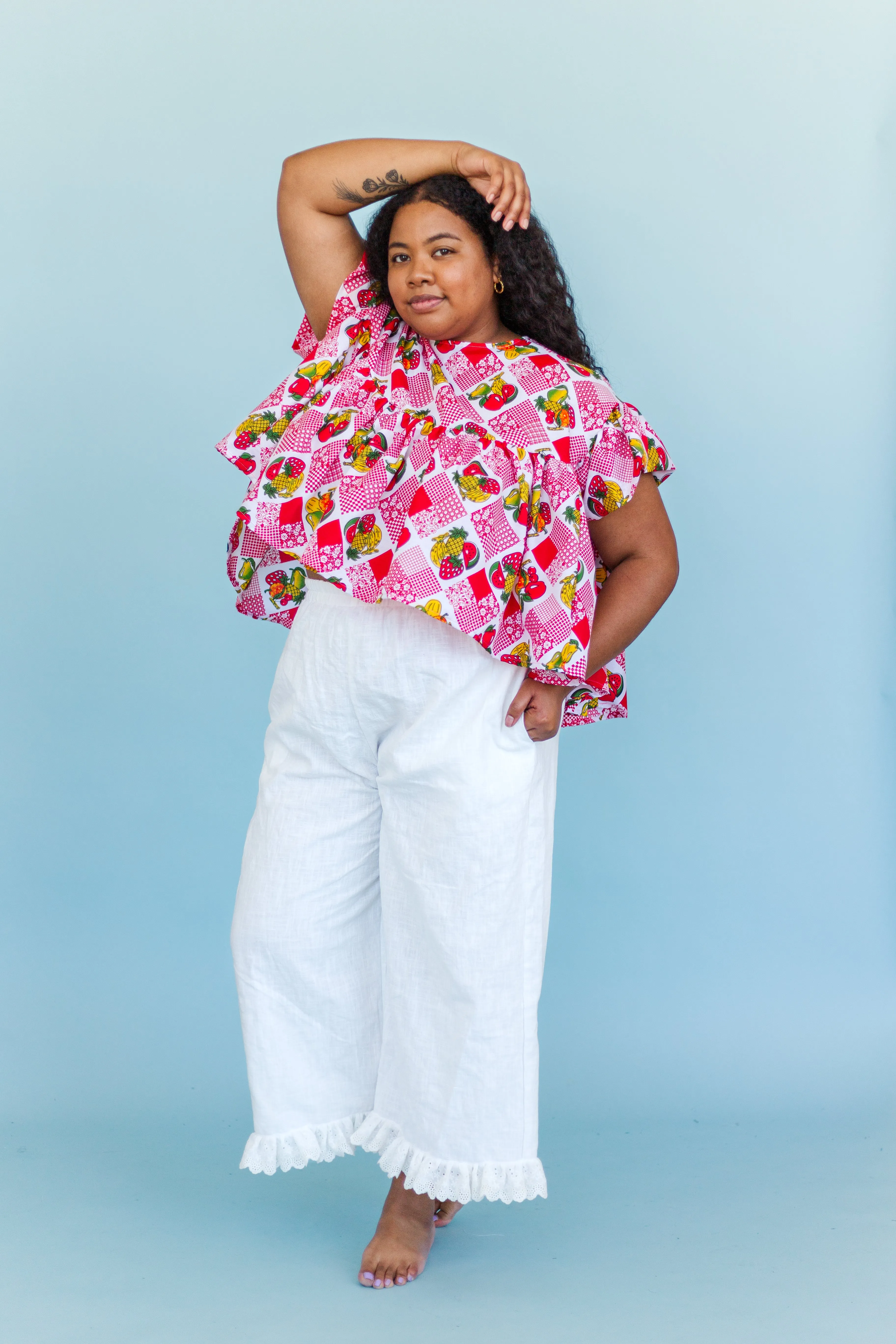 Mid Easy Ruffle Pant in White Linen (RTS)