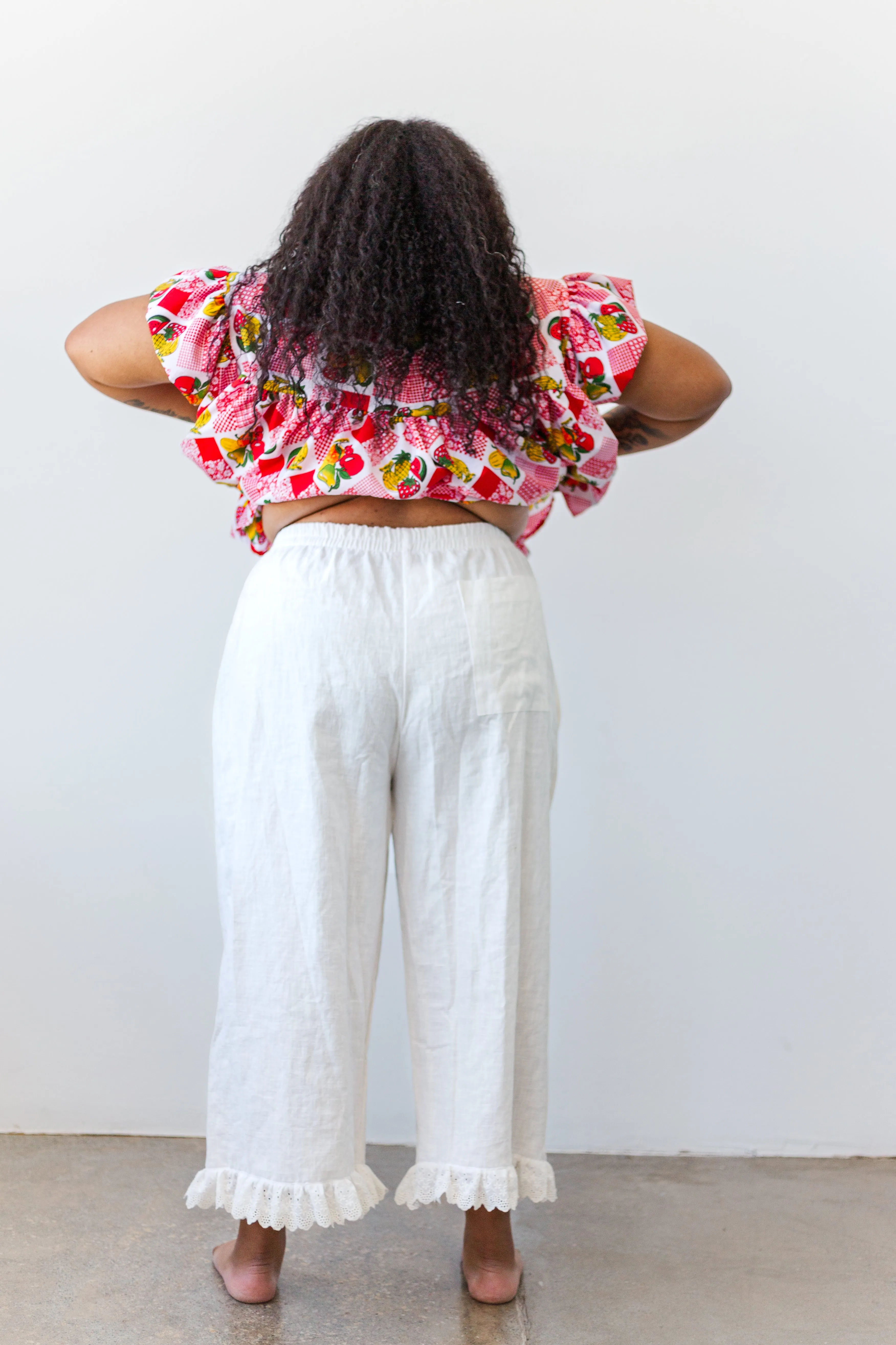 Mid Easy Ruffle Pant in White Linen (RTS)