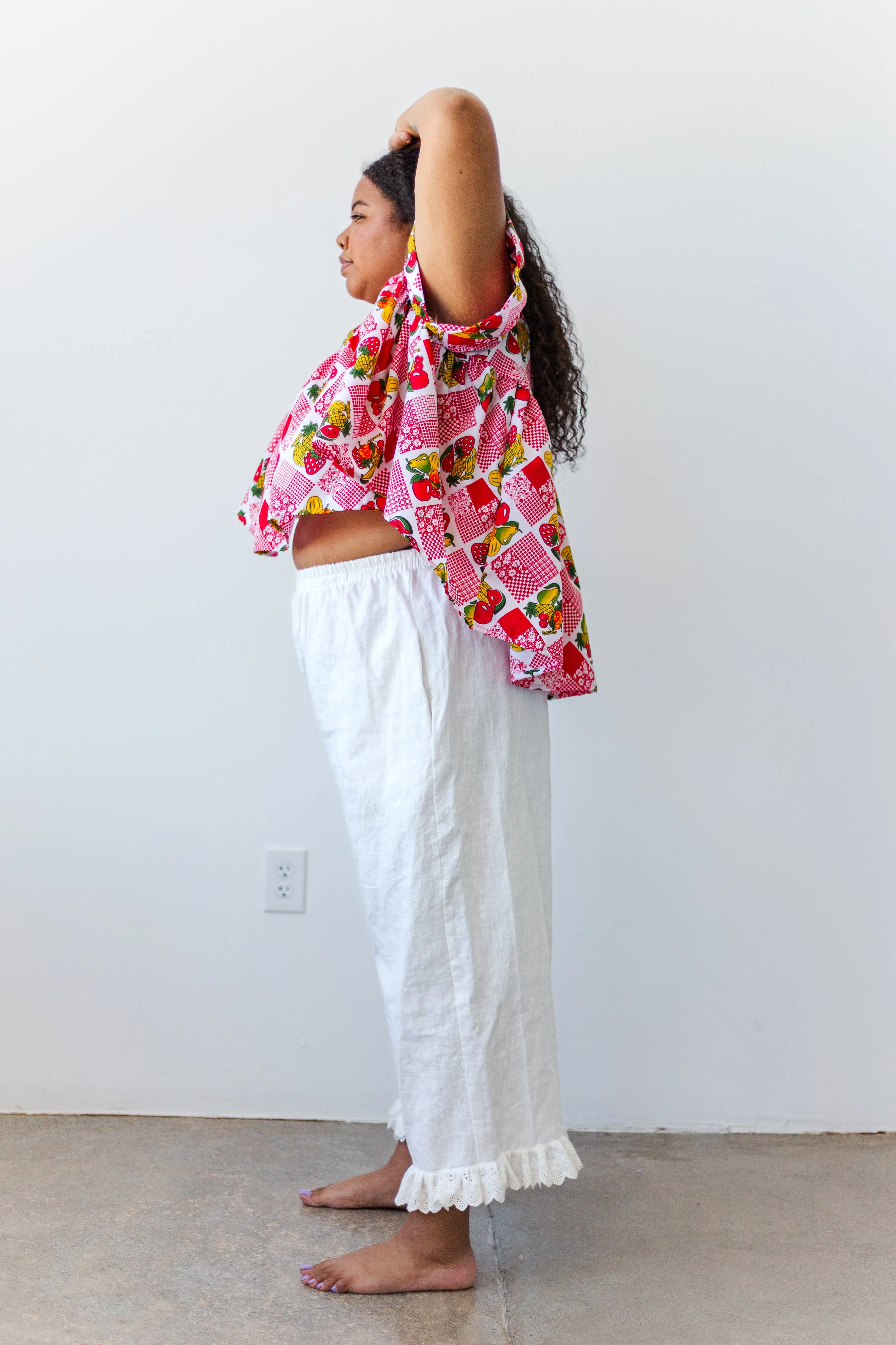 Mid Easy Ruffle Pant in White Linen (RTS)