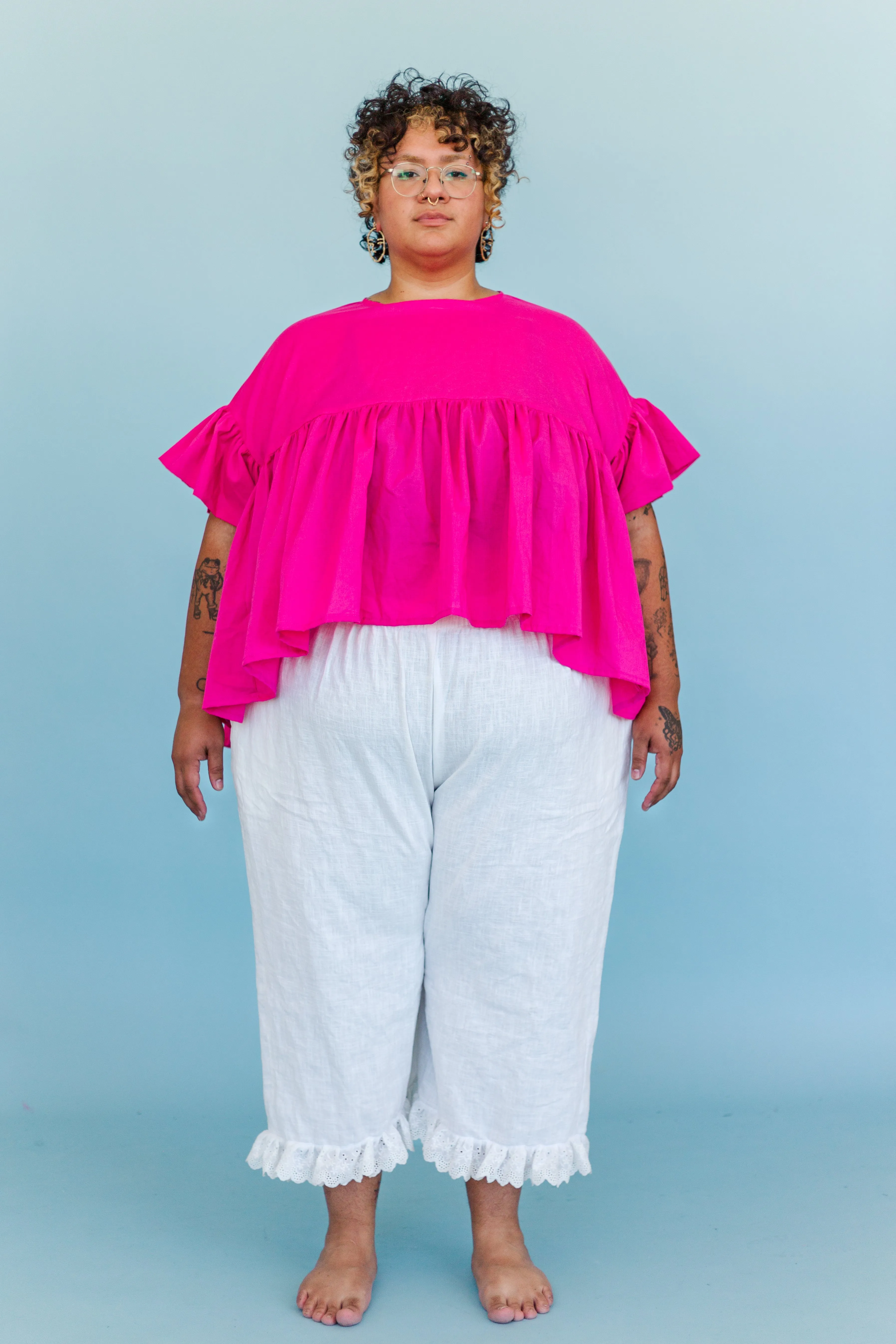 Mid Easy Ruffle Pant in White Linen (RTS)