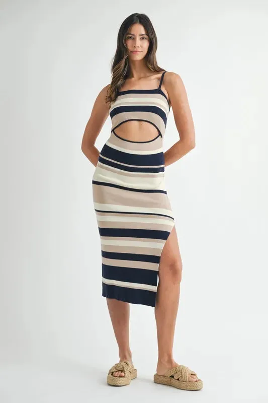 Navy Blue Multi Color Striped Front Cutout Knit Dress