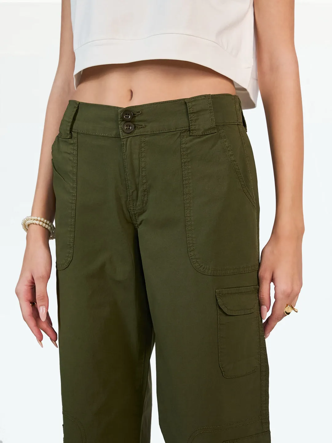 Olive Double Button Parachute Jogger