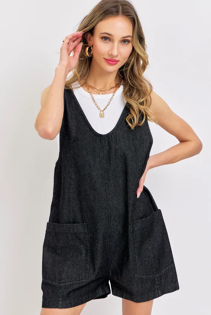 Overall Romper - Black Denim