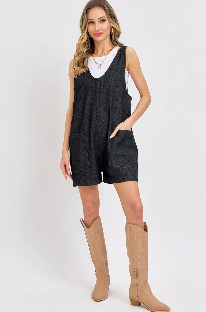Overall Romper - Black Denim