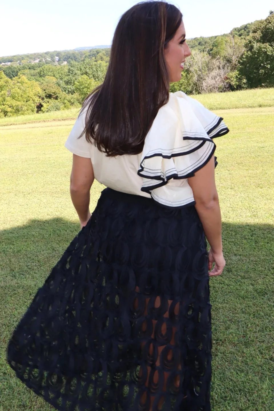 Ruffle Me Away Top w/ Black Trim - Natural