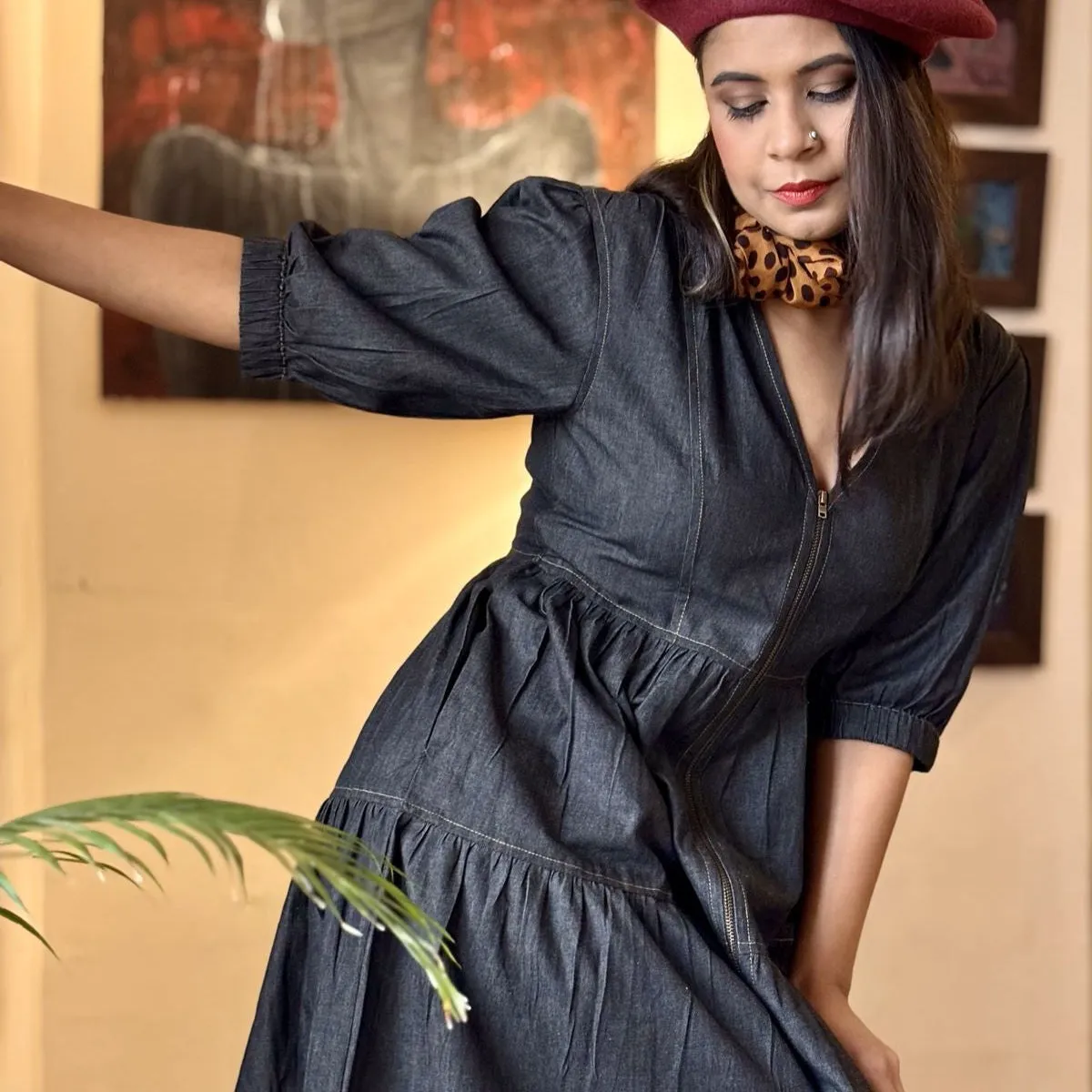 Runway- Charcoal denim tiered dress