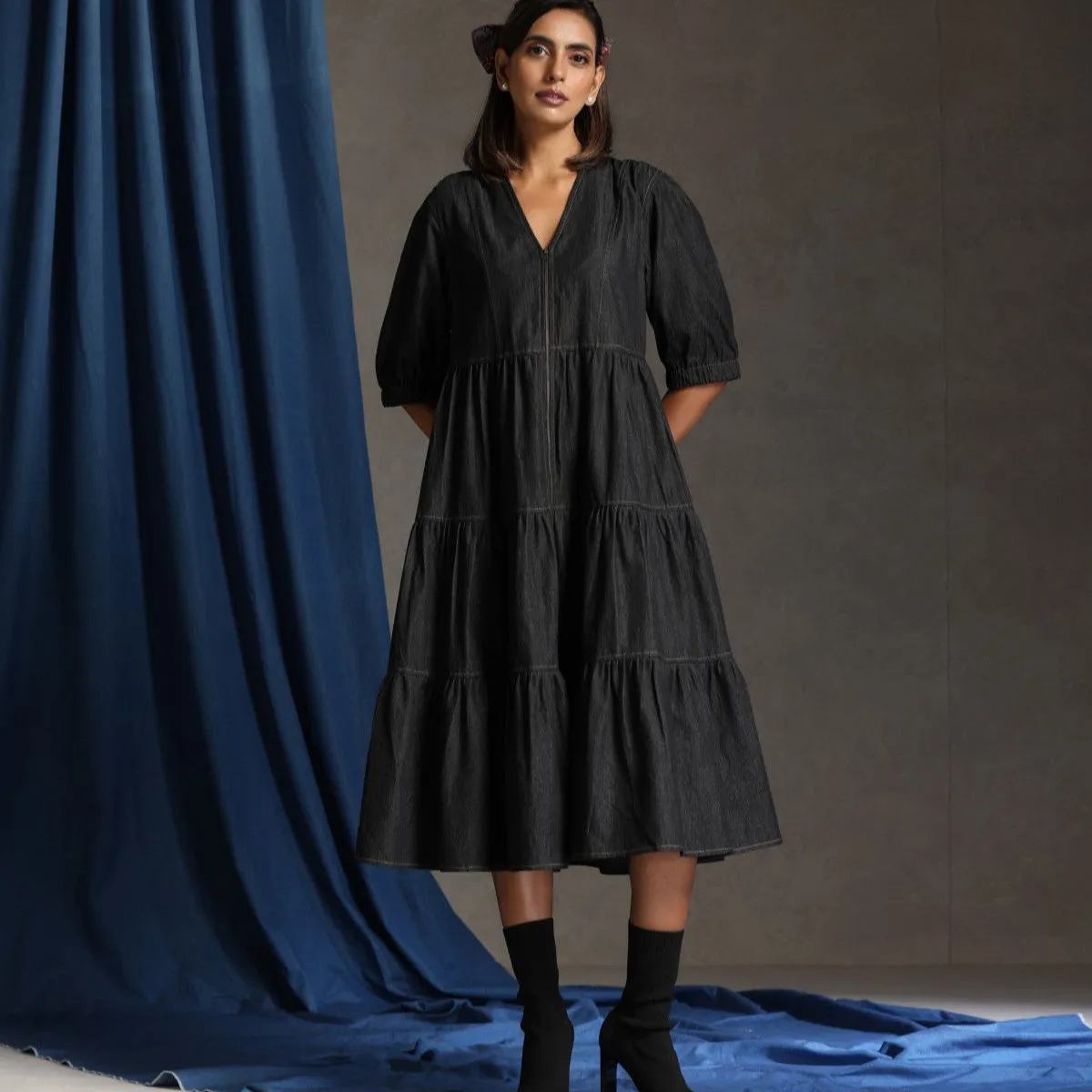 Runway- Charcoal denim tiered dress