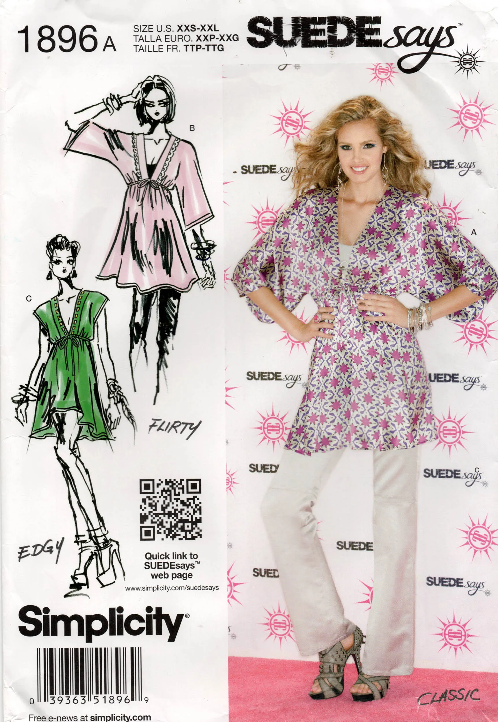Simplicity 1896 Womens SUEDE SAYS Pullover Caftan Cover Up Tunic Tops Out Of Print Sewing Pattern Size XXS - XXL UNCUT Factory Folded