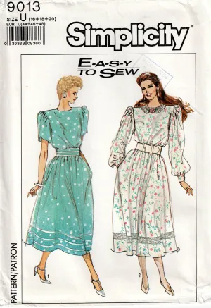 Simplicity 9013 Womens Puff Sleeved Dress with Full Skirt 1980s Vintage Sewing Pattern Size 16 - 20 UNCUT Factory Folded