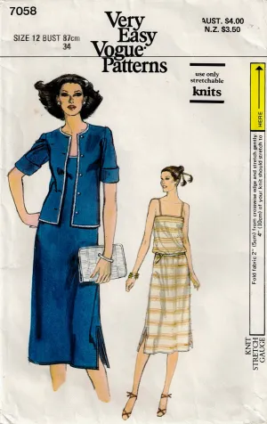 Vogue 7058 Womens Stretch Knit Sundress & Short Sleeved Jacket 1970s Vintage Sewing Pattern Size 12 Bust 34 Inches