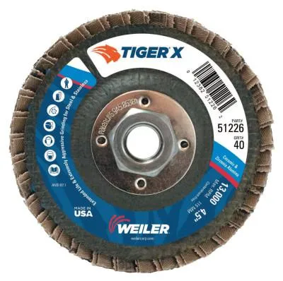 Weiler® Tiger® X Flap Disc, 4-1/2 in Flat, 40 Grit, 5/8 in - 11 Arbor, 51226