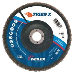 Weiler® TIGER X Flap Disc, 7 in Flat, 80 Grit, 7/8 in Arbor, 51231