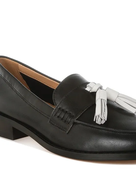 Yelena Real Leather Loafers - Tassel Detail, Plush Insoles, Genuine Leather, Black/Tan