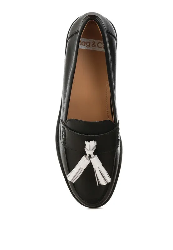 Yelena Real Leather Loafers - Tassel Detail, Plush Insoles, Genuine Leather, Black/Tan