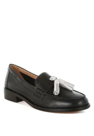 Yelena Real Leather Loafers - Tassel Detail, Plush Insoles, Genuine Leather, Black/Tan